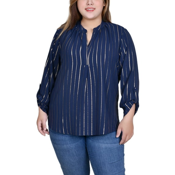 Plus Size Long Sleeve Foil Striped Blouse