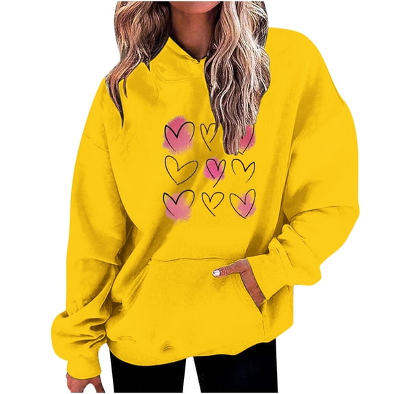 Plus Size Long Sleeve Hoodies for Women Fashion Crew Neck Unisex Sweatshirt with Pockets Casual Print Pullover Tops(Yellow,XL)