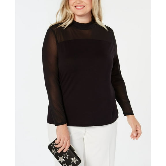 Plus Size Long Sleeve Illusion Top Black 3X