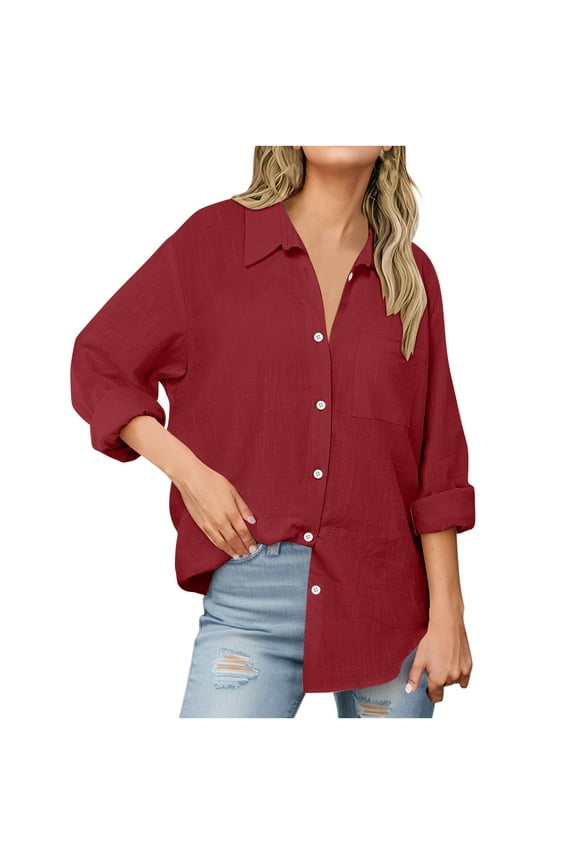 Plus Size Long Sleeve Linen Shirts for Womens Fashion Button Down Shirts Oversized Boyfriend Collared Blouses Loose Fit Casual Dress Shirt Work Tops Classic Tunic Blouse with Pocket