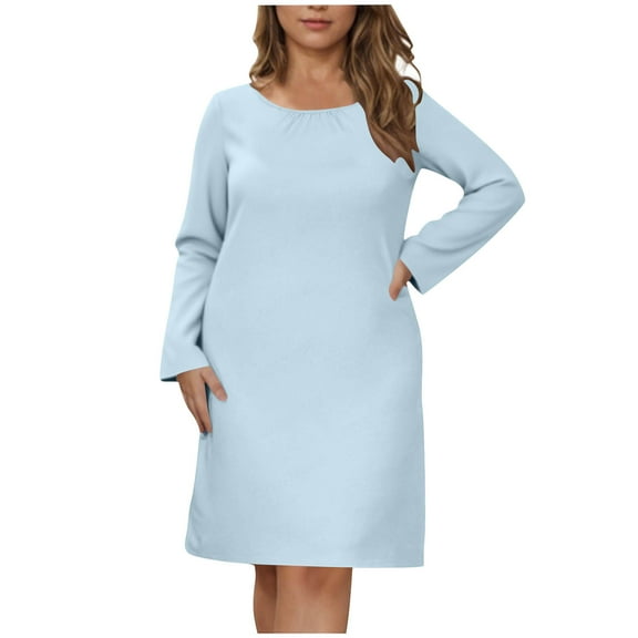 Plus Size Long Sleeve Nightgown for Women Soft Crewneck Sleep Dress Pleated Casual Pajamas Sleepwear Night Gown Light Blue, XXL