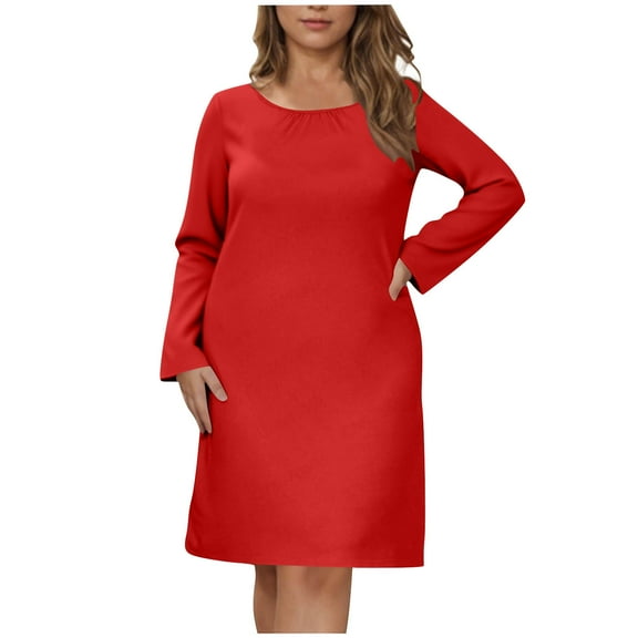 Plus Size Long Sleeve Nightgown for Women Soft Crewneck Sleep Dress Pleated Casual Pajamas Sleepwear Night Gown Red, 4XL