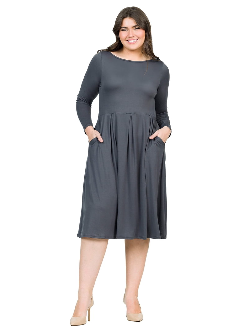 24seven Comfort Apparel Plus Size Long Sleeve Fit and Flare Midi Dress - Grey - 2X