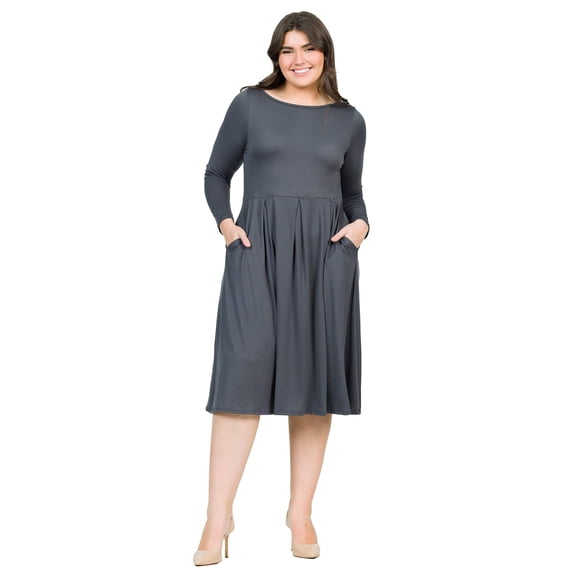 Plus Size Long Sleeve Pleated Fit N Flare Midi Dress