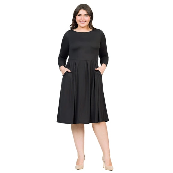 Plus Size Long Sleeve Pleated Fit N Flare Midi Dress