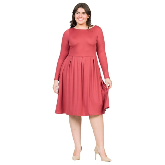 Plus Size Long Sleeve Pleated Fit N Flare Midi Dress