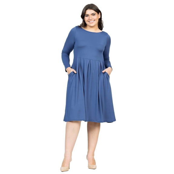 Plus Size Long Sleeve Pleated Fit N Flare Midi Dress