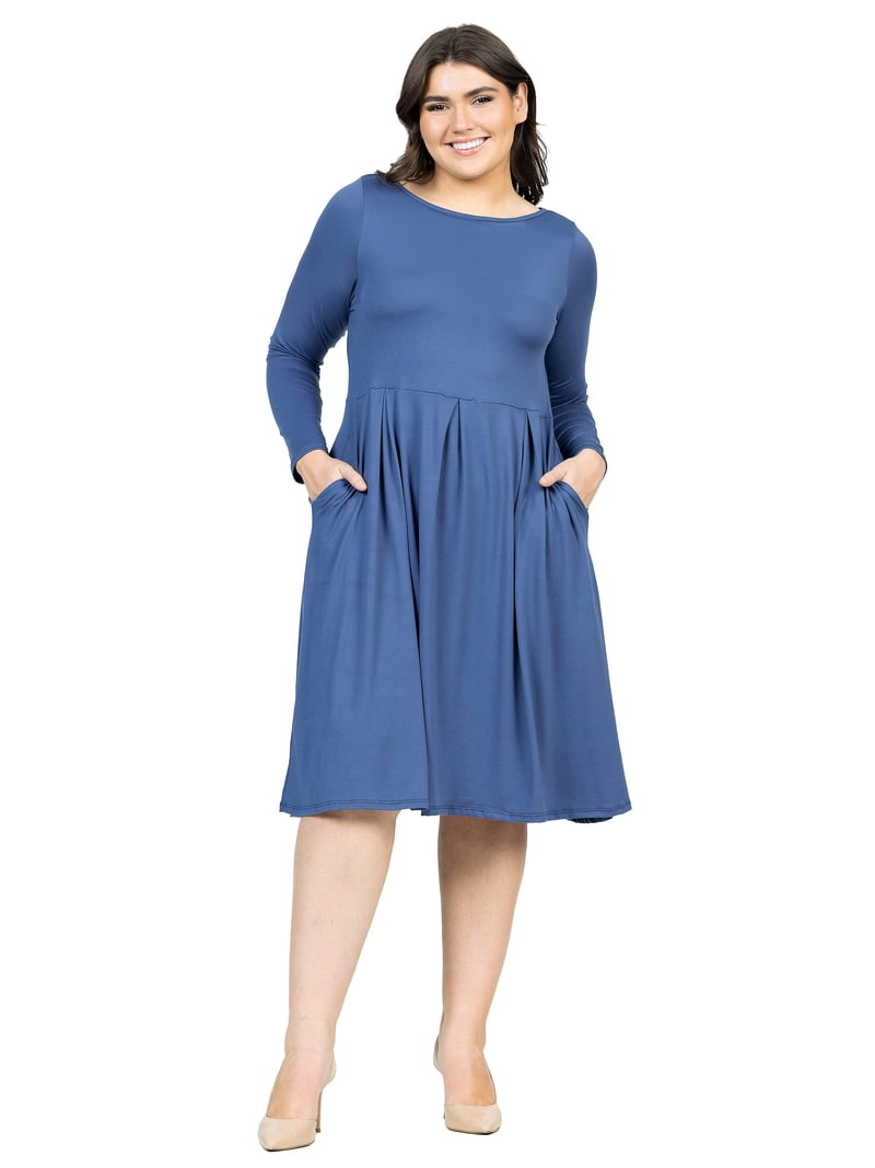 24seven Comfort Apparel Plus Size Long Sleeve Fit and Flare Midi Dress-Indigo-1X
