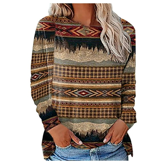 Plus Size Long Sleeve Pullover for Women O-Neck Vintage Printed Tops Winter Loose-Fit Casual Blouse