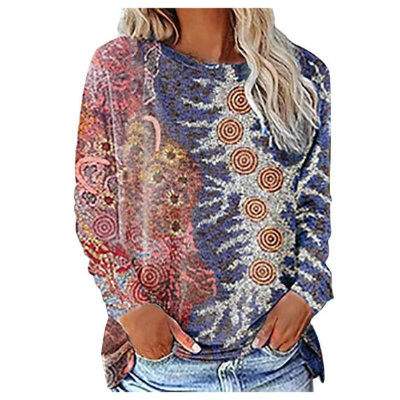 Plus Size Long Sleeve Pullover for Women O-Neck Vintage Printed Tops Winter Loose-Fit Casual Blouse