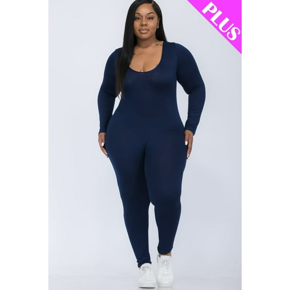 Plus Size Long Sleeve Scoop Neck Bodycon Jumpsuit