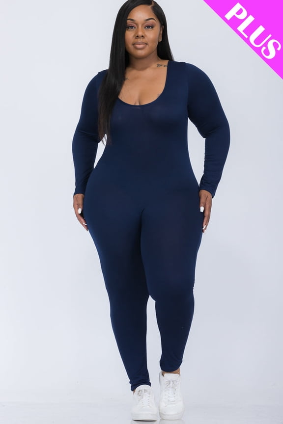 Plus Size Long Sleeve Scoop Neck Bodycon Jumpsuit