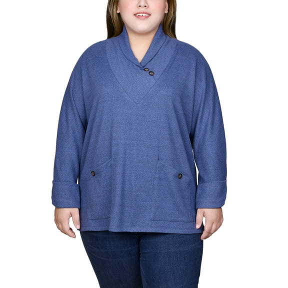 Plus Size Long Sleeve Shawl Collar Top With Pockets