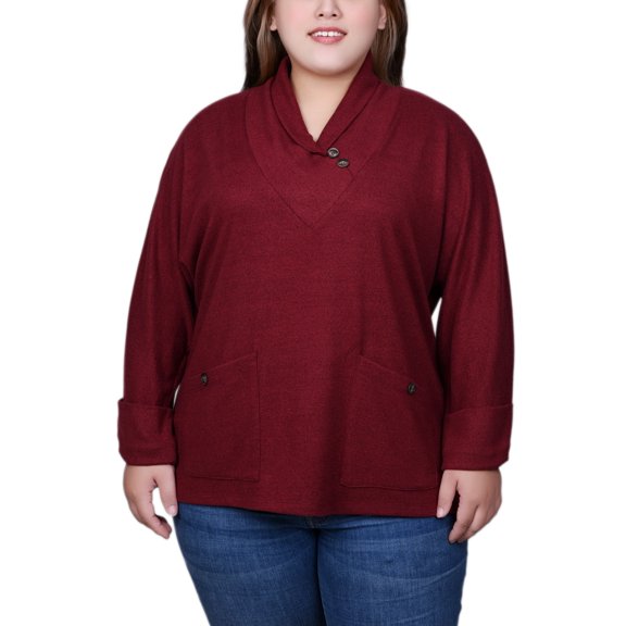 Plus Size Long Sleeve Shawl Collar Top With Pockets