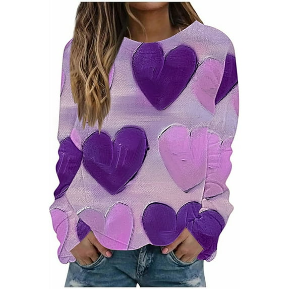 Plus Size Long Sleeve Shirts for Womens Cute Heart Valentines Day Sweatshirt Crewneck Pullover Tops