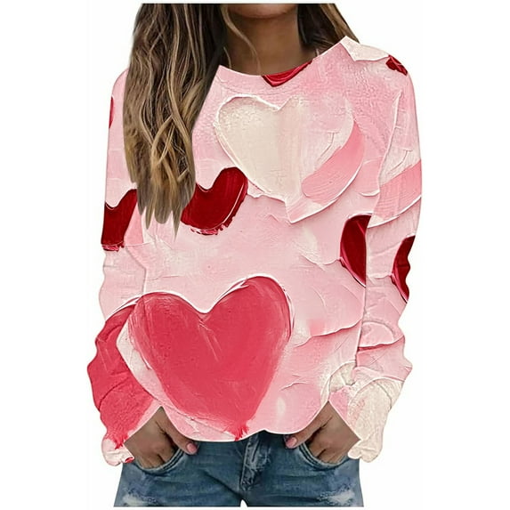 Plus Size Long Sleeve Shirts for Womens Cute Heart Valentines Day Sweatshirt Crewneck Pullover Tops