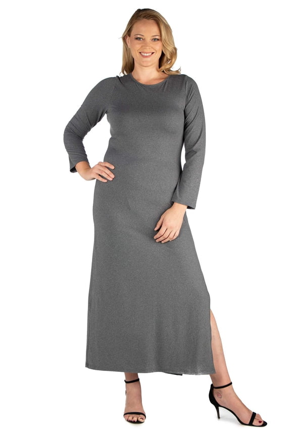 Plus Size Long Sleeve Side Slit Fitted Maxi Dress
