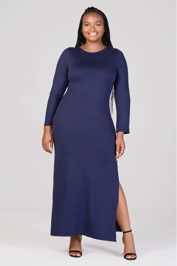 Plus Size Long Sleeve Side Slit Fitted Maxi Dress