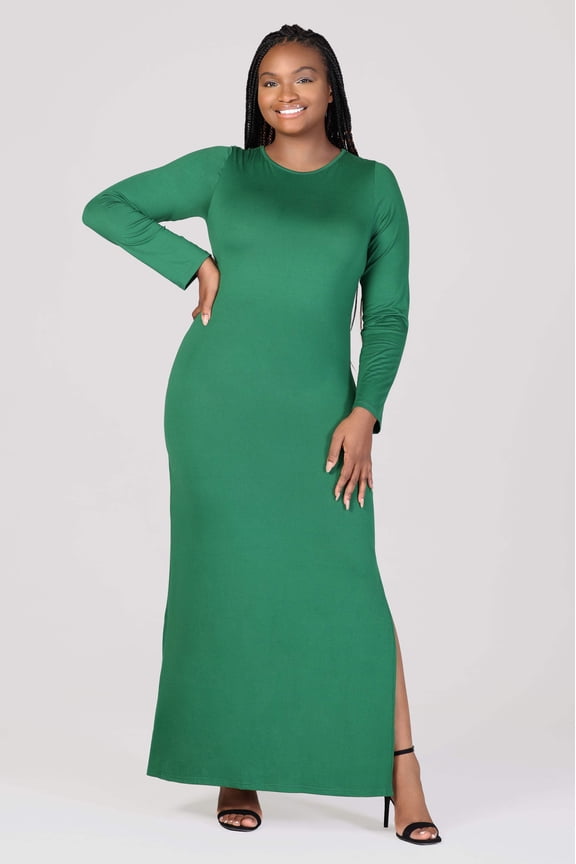 Plus Size Long Sleeve Side Slit Fitted Maxi Dress