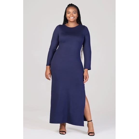 Plus Size Long Sleeve Side Slit Fitted Maxi Dress