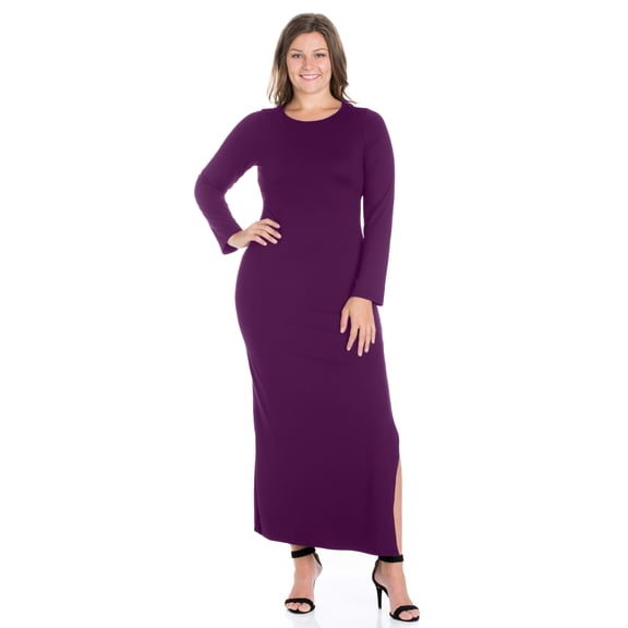 Plus Size Long Sleeve Side Slit Fitted Maxi Dress