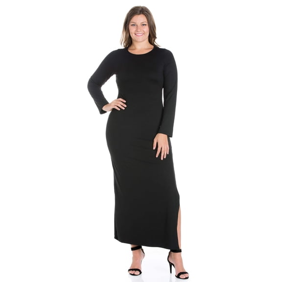 Plus Size Long Sleeve Side Slit Fitted Maxi Dress