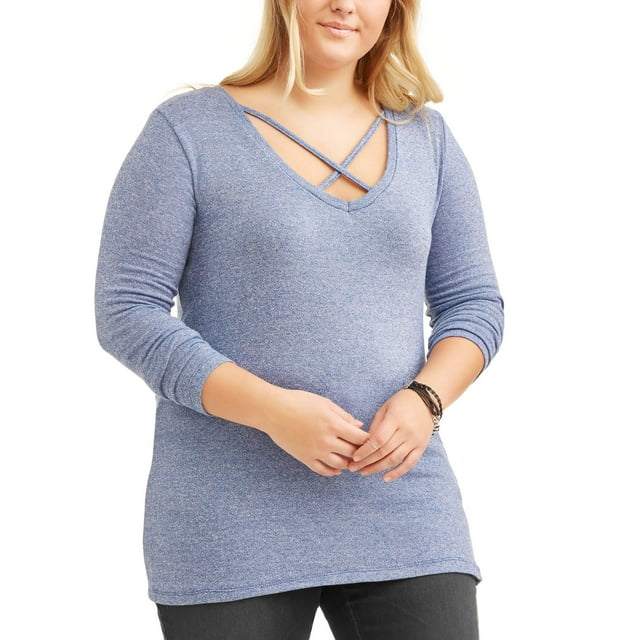 Plus Size Long Sleeve Strappy V-Neck Tee