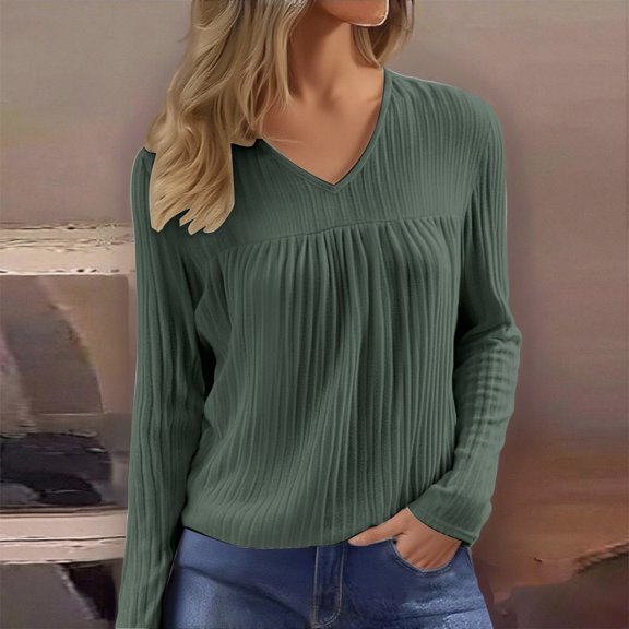 Plus Size Long Sleeve For Stylish Fall Blouse With Ruffle Detail V Neck Lightweight Sweaters Casual Elegant Tunic Shirt Comfortable Wear,Dark Green XL