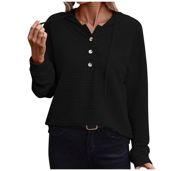 Plus Size Long Sleeve T-Shirts for Women Loose Fitting Button Up Round Neck Shirts Casual Solid Color Basic Blouses Tops,Black 1,2XL