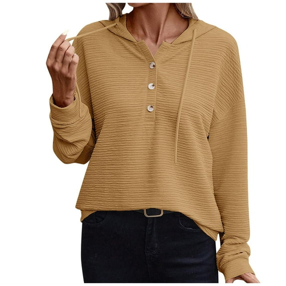 Plus Size Long Sleeve T-Shirts for Women Loose Fitting Button Up Round Neck Shirts Casual Solid Color Basic Blouses Tops,Khaki,L