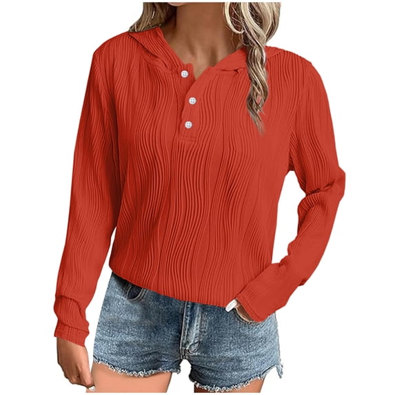 Plus Size Long Sleeve T-Shirts for Women Loose Fitting Button Up Round Neck Shirts Casual Solid Color Basic Blouses Tops,Orange,M