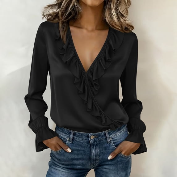 Plus Size Long Sleeve Tops For Women V Neck Ruffle Front Button Down Long Sleeve Blouse Top Shirt Womens Blouses Dressy Casual Long Sleeve Business Tops Work Shirt
