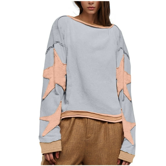Plus Size Long Sleeve Tops for Women, Women's Casual Loose Color Matching Round Neck Long Sleeved T-shirt Loose Top Long Sleeved Round Neck Top/shirt Pullover Sweatshirt