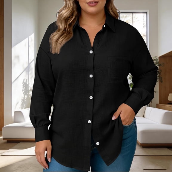 Plus Size Long Sleeve Tops for Women Button Down Collared Shirt Solid Color T Shirts Loose Fit Casual Dressy Blouse with Pocket
