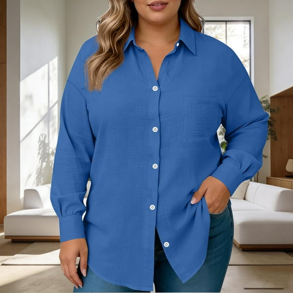 Plus Size Long Sleeve Tops for Women Button Down Collared Shirt Solid Color T Shirts Loose Fit Casual Dressy Blouse with Pocket