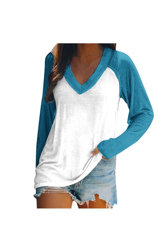 Plus Size Long Sleeve Tops for Women Loose Fit Color Block Tee Shirts Cute V-Neck Pullover Fashion Fall Blouse