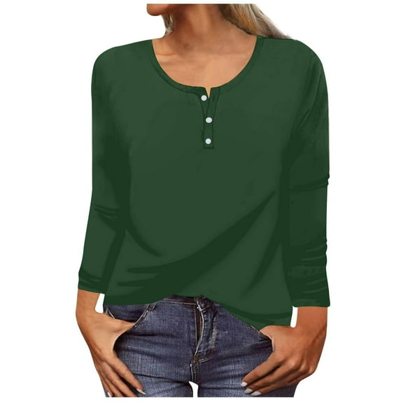 Plus Size Long Sleeve Tops for Women Solid Color O-Neck Button Pullover Casual Loose-Fit Blouse T-Shirts