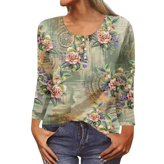 Plus Size Long Sleeve Tops for Women Solid Color O-Neck Button Pullover Casual Loose-Fit Blouse T-Shirts