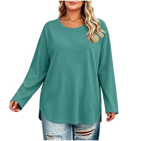 Ghalytn Plus Size Long Sleeve Tunic Top for Women Ghalytn Crew Neck Loose Tee - Curved Hem Side Split Casual Top L-4XL