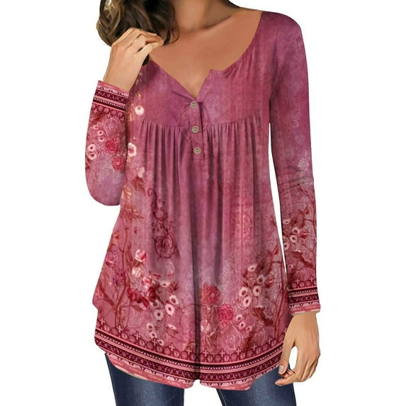 Plus Size Long Sleeve Tunic Tops for Women O-Neck Floral Printed Blouse Pleated Vintage Casual T-Shirts
