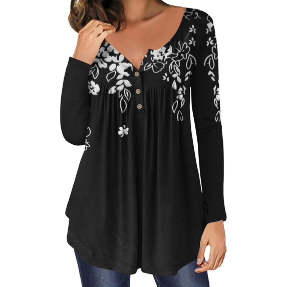 Plus Size Long Sleeve Tunic Tops for Women O-Neck Floral Printed Blouse Pleated Vintage Casual T-Shirts