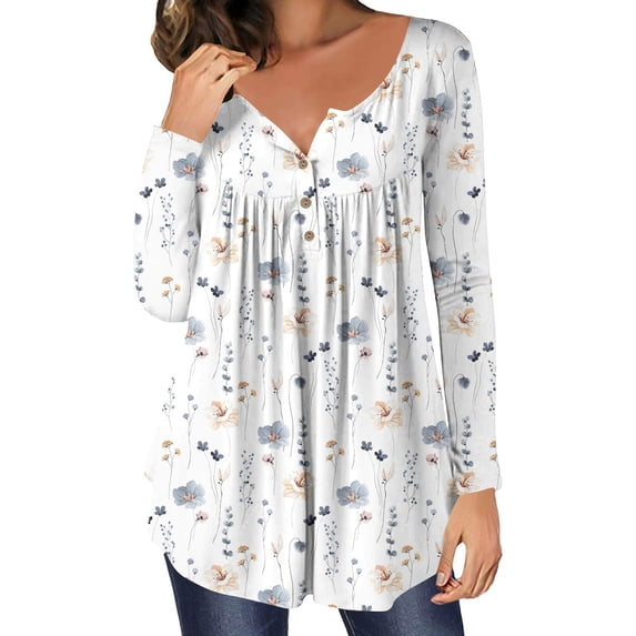 Plus Size Long Sleeve Tunic Tops for Women O-Neck Floral Printed Blouse Pleated Vintage Casual T-Shirts