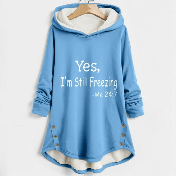 Plus Size Long Thermal Hoodie Sweater Tops with Sherpa Fleece Lined, Yes I'm Still Freezing Casual Warm Pullovers (Small, Sky Blue)