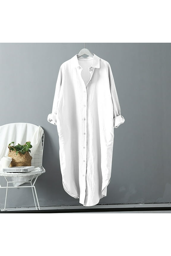 Plus Size Long Tops for Women Button Up Linen Shirt Dress Casual Loose Long Sleeve Lapel Neck Swimwear Coverup (Medium, White)