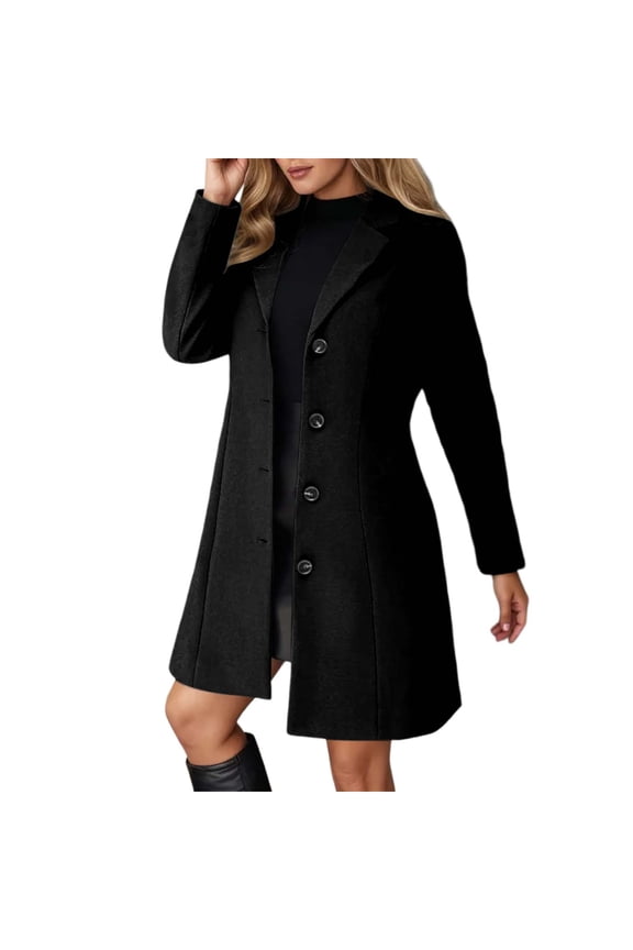 Plus Size Long Trench Coat With Notched Lapel Slim Fit Breasted Winter Blend Overcoat For Fashionable LadiesBlackS