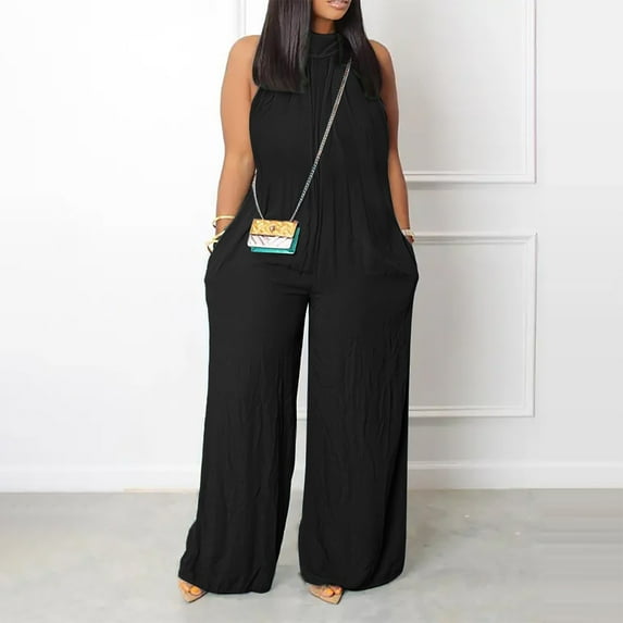 Plus Size Loose Fit One Piece Solid Color Halter Neck Sleeveless Cotton Rompers for Women