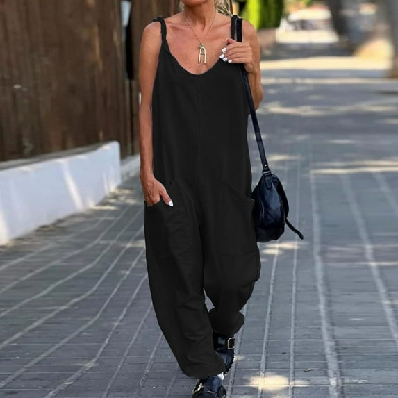 Plus Size Loose Fit One Piece Solid Color Scoop Neck Sleeveless Rompers,Women Summer Plus Size Casual Spaghetti Strap Romper with Pockets