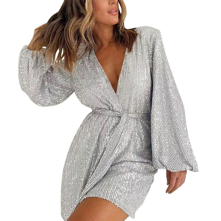 Plus Size Loose Fit Sequin Deep V-Neck Long Sleeve Jumpsuits