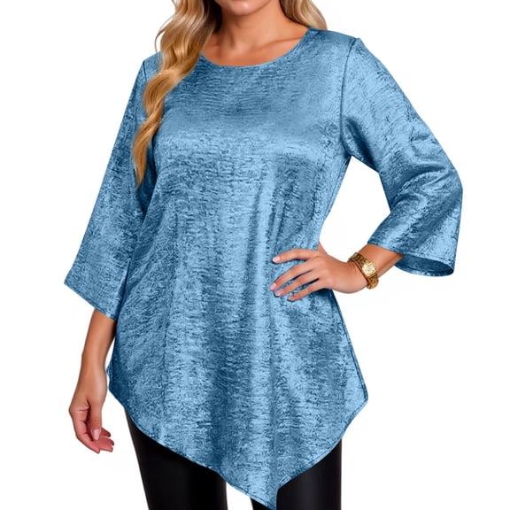 Plus Size Loose Fit Top For Women Fashion Casual Solid Color Round Neck 3/4 Sleeve Irregular Hem Tops Elegant Party Top Ropa Para Mujer