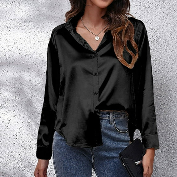 Plus Size Loose Fit Women's Satin V-Neck Button-Down Long Sleeve Casual Office Blouse